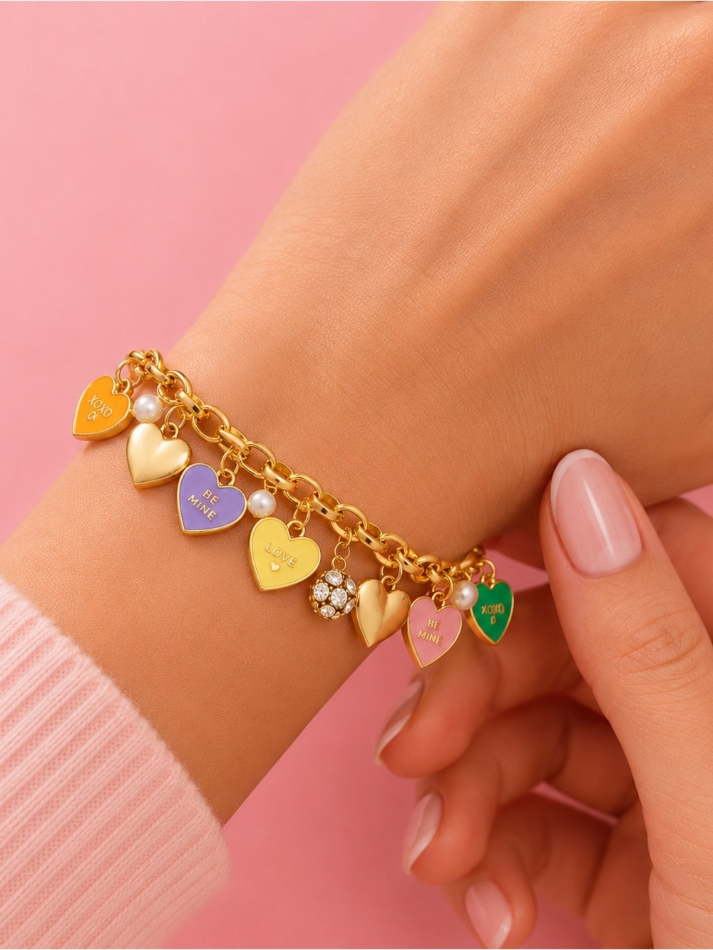 Sweet Hearts Multicolor Gold Crystal Pearl Bracelet